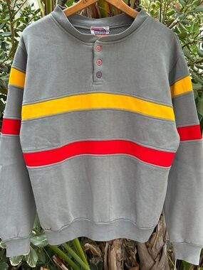 Vintage 90s Network Color Block Henley Sweatshirt Gray Striped Men’s L